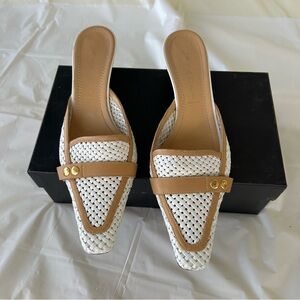 Casadei White and Tan leather Woven Mules, size 7.5